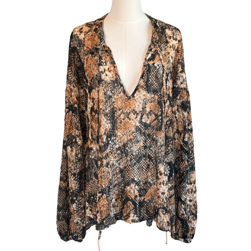 Free People Lace Blouse Snake Reptile Pattern Womens M V-Neck Relaxed Fit